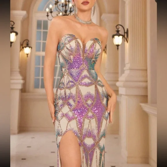 Luxe slit thigh mermaid hem party formal tube sequins dress